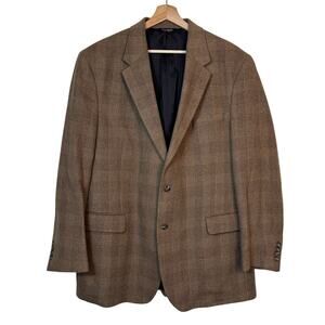 Jos a Bank 100% Camel Hair Sport Coat Size 46L Glen Plaid Brown Travel Business